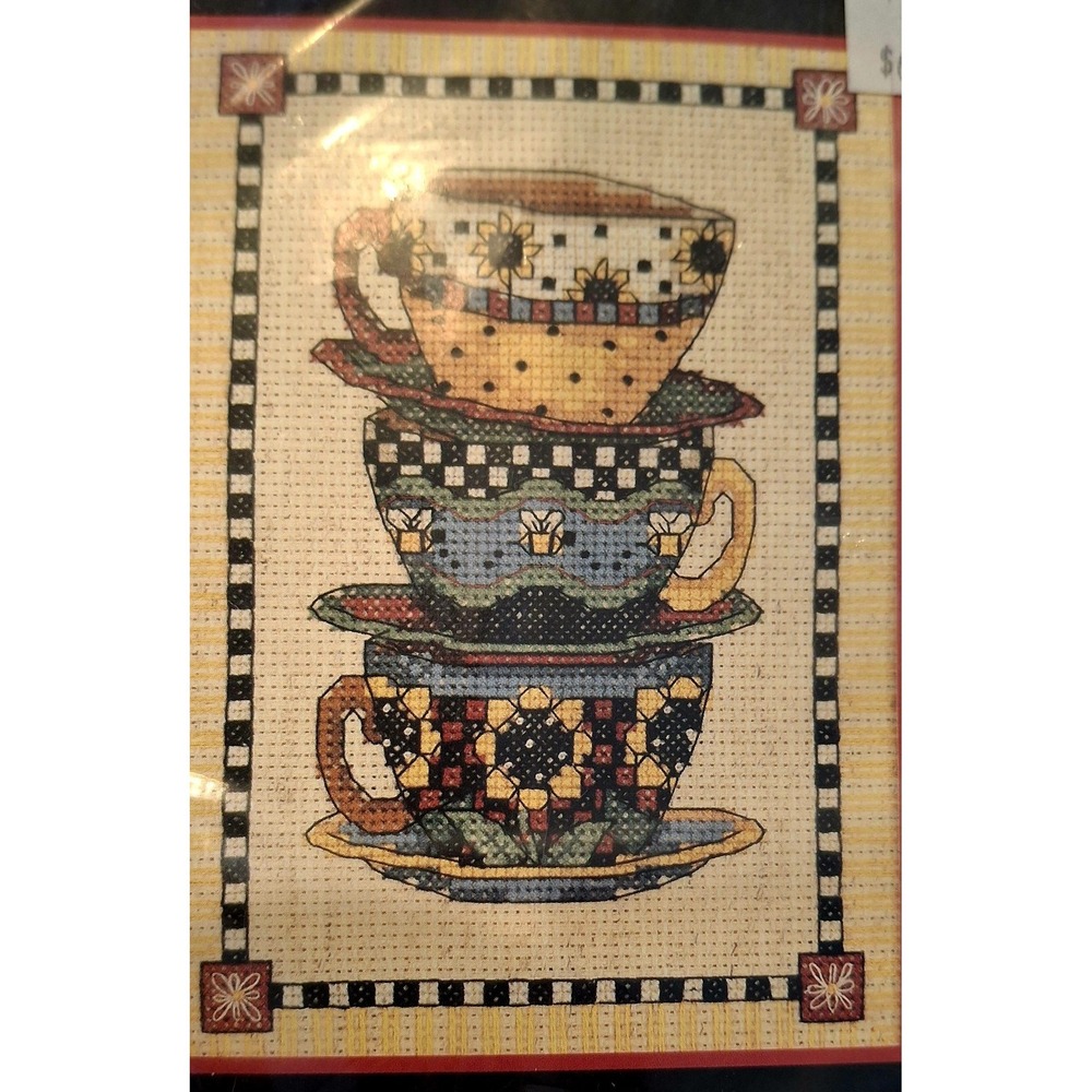 1998 Dimensions Counted Cross Stitch Kit Debbie Mumm Stacked Cups #6796 5" x 7"